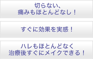切らない、痛みもほとんどなし！すぐに効果を実感！！ハレもほとんどなく治療後すぐにメイクできる！